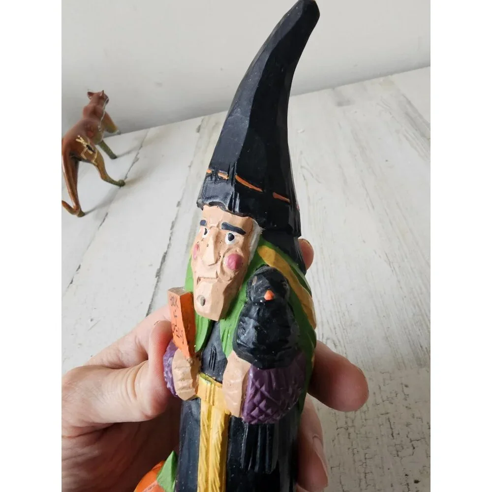 Vintage pencil witch country folk art Crow pumpkin village Halloween decor figur